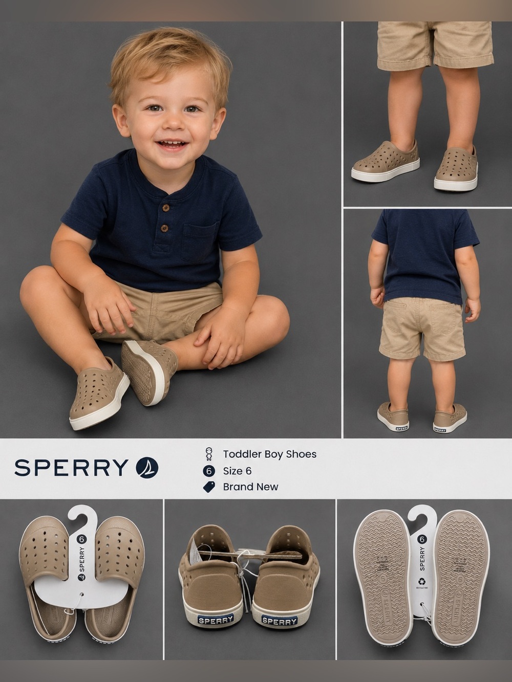 Sperry Toddler Boys Khaki Slip-On Wet Tech Shoes Size 6 Brand New